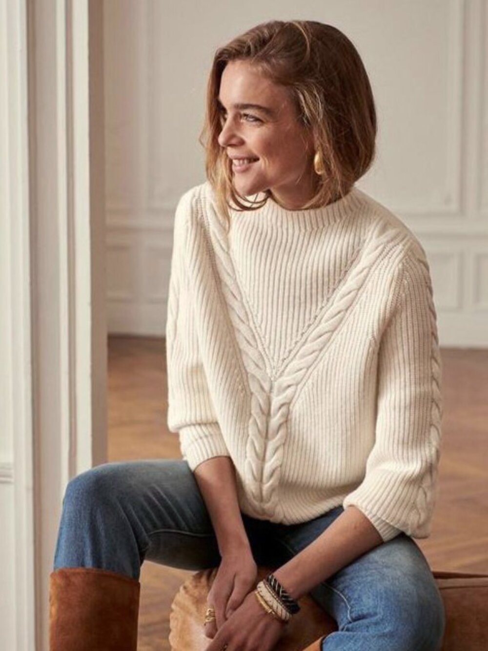 EUC Sezane Zack Wool Blend Cable Knit Mockneck Sweater Ecru XS